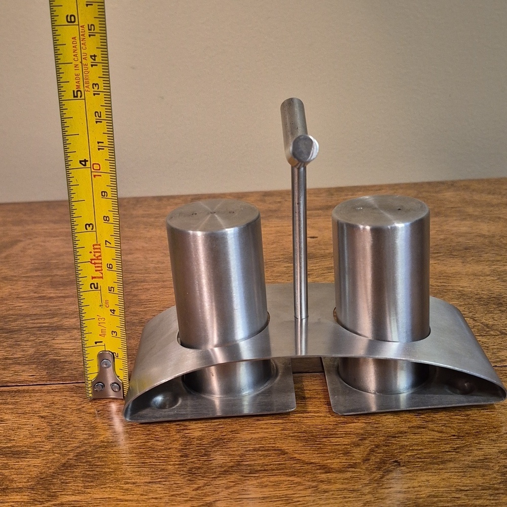 VINTAGE Stainless Steel Salt And Pepper Shaker Set With Caddy - Picture 9 of 14
